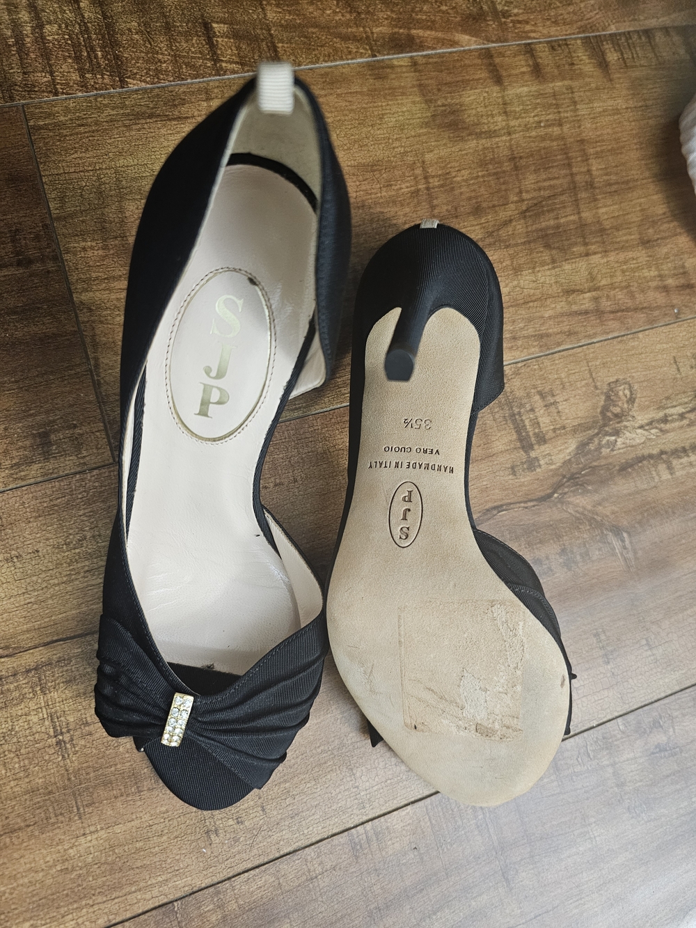 SJP by Sarah Jessica Parker Black Satin Peep-Toe Heels with Rhinestone Bow